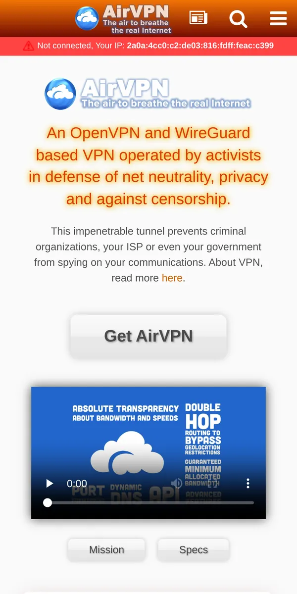 AirVPN:s startsida i mobilen – i vår jämförelse av bästa VPN