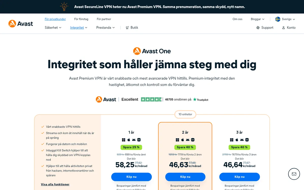 Avast Premium VPN:s startsida på datorn – i vår jämförelse av bästa VPN