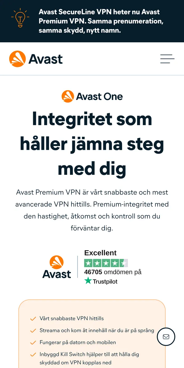 Avast Premium VPN:s startsida i mobilen – i vår jämförelse av bästa VPN
