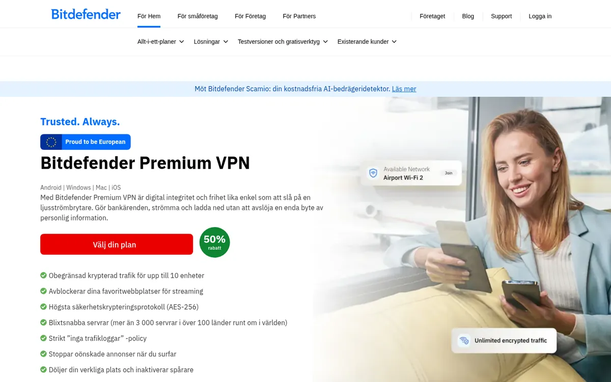 Bitdefender VPN:s startsida på datorn – i vår jämförelse av bästa VPN