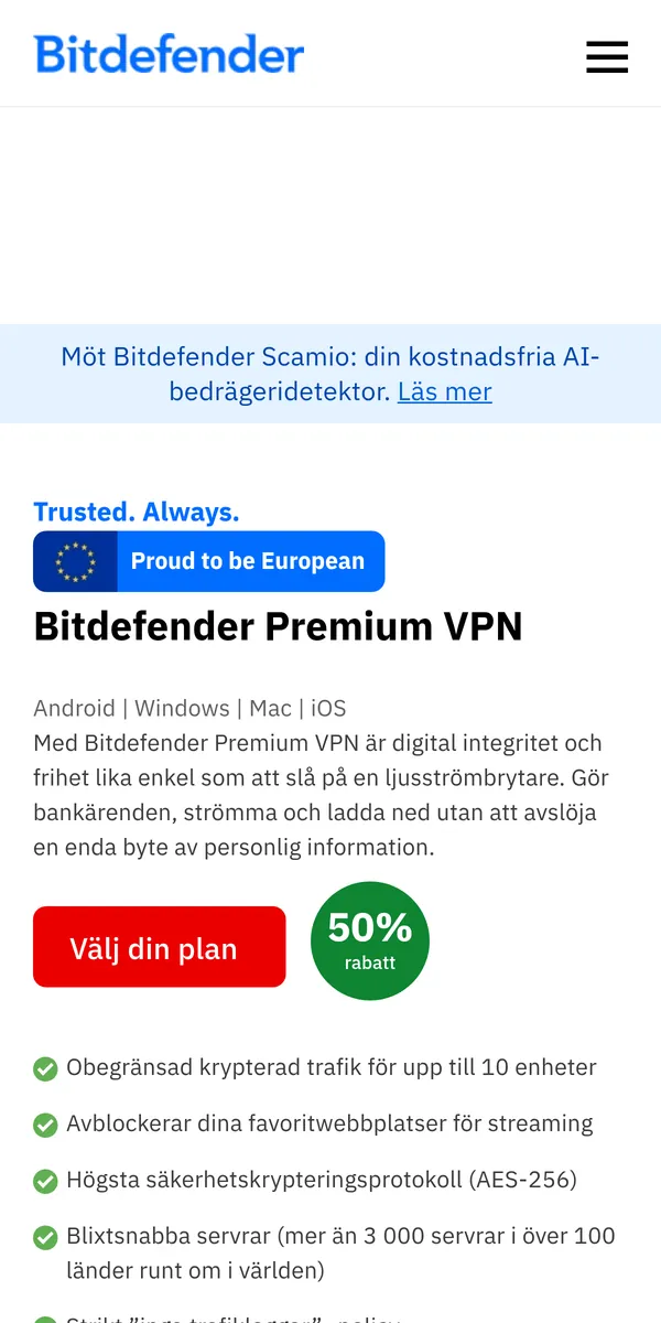 Bitdefender VPN:s startsida i mobilen – i vår jämförelse av bästa VPN