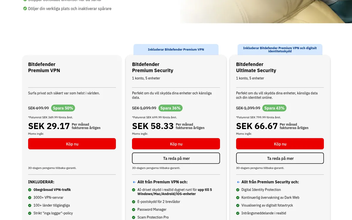 Bitdefender VPN:s sida med priser – i vår jämförelse av bästa VPN