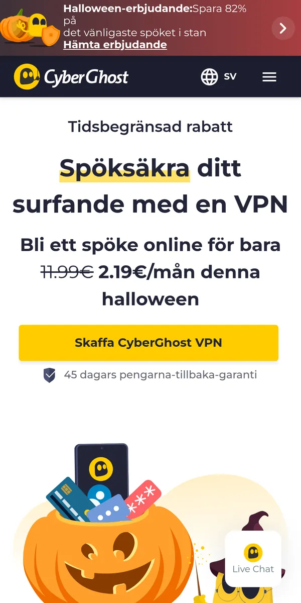 CyberGhosts startsida i mobilen – i vår jämförelse av bästa VPN