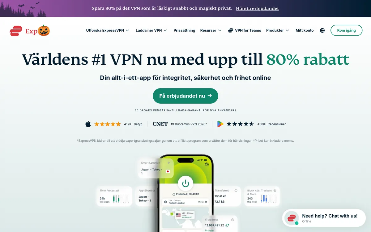Startsidan hos ExpressVPN, en av tjänsterna i jämförelsen