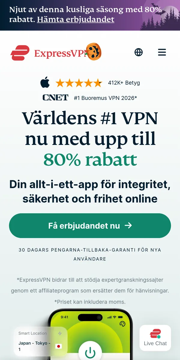ExpressVPN:s startsida i mobilen – i vår jämförelse av bästa VPN