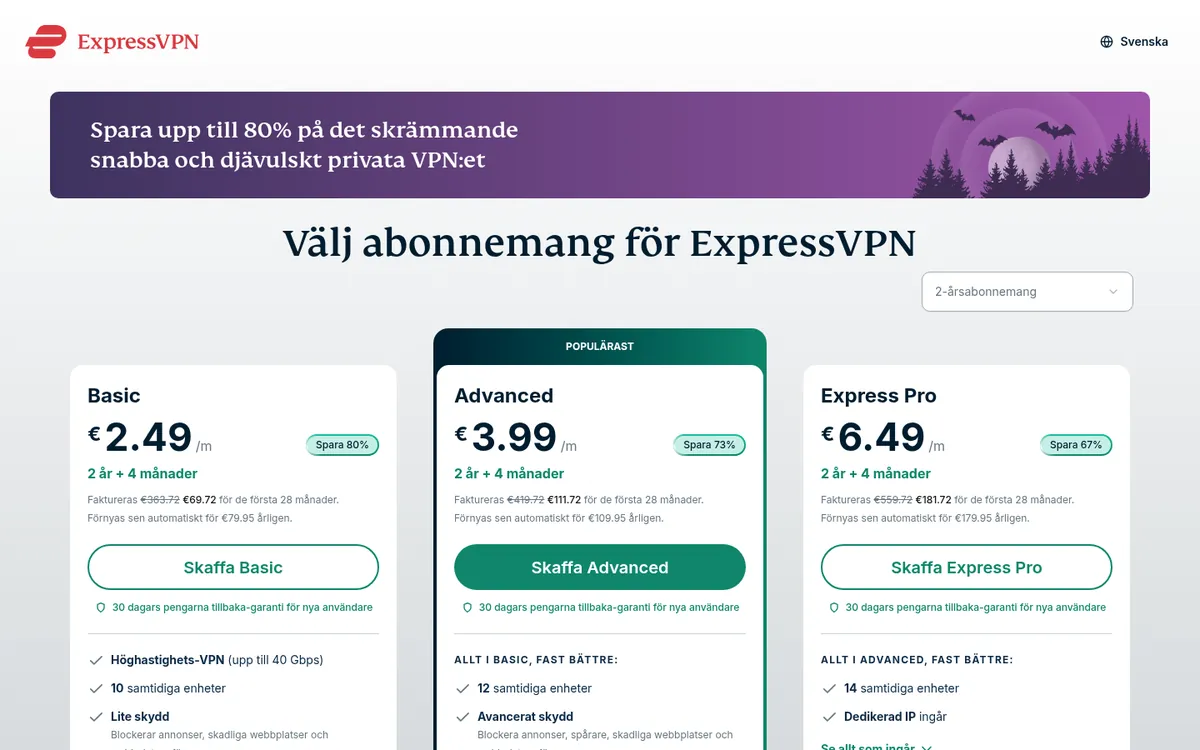 ExpressVPN:s sida med priser – i vår jämförelse av bästa VPN