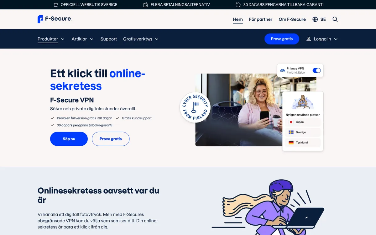 F-Secure VPN:s startsida på datorn – i vår jämförelse av bästa VPN