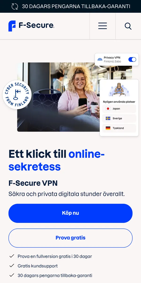 F-Secure VPN:s startsida i mobilen – i vår jämförelse av bästa VPN