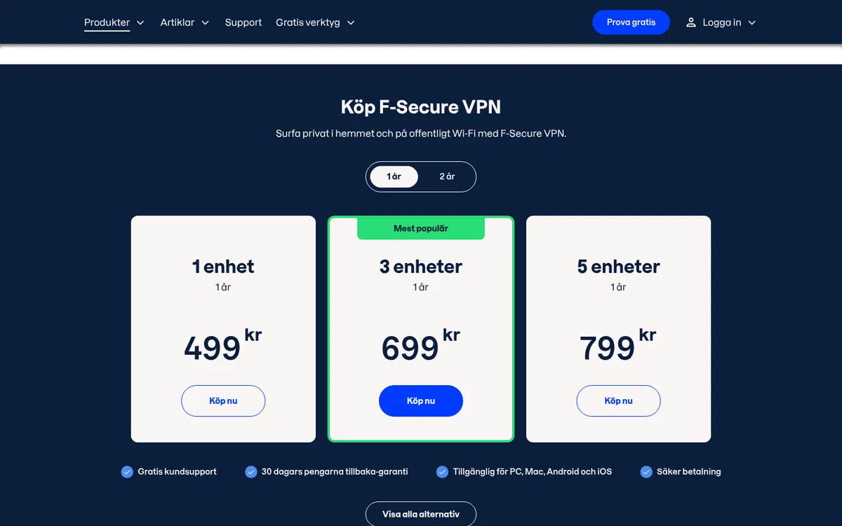 F-Secure VPN:s sida med priser – i vår jämförelse av bästa VPN