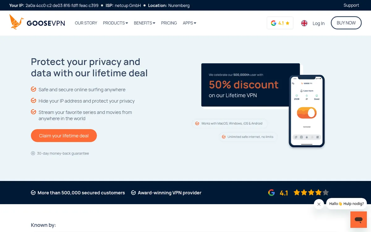 Goose VPN:s startsida på datorn – i vår jämförelse av bästa VPN
