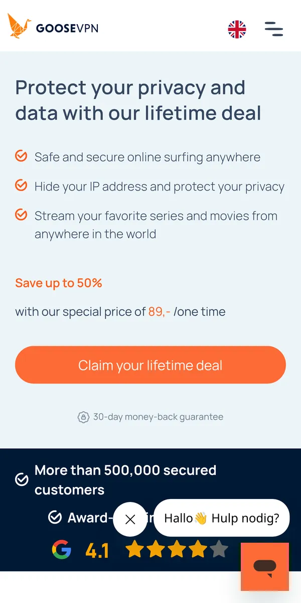 Goose VPN:s startsida i mobilen – i vår jämförelse av bästa VPN