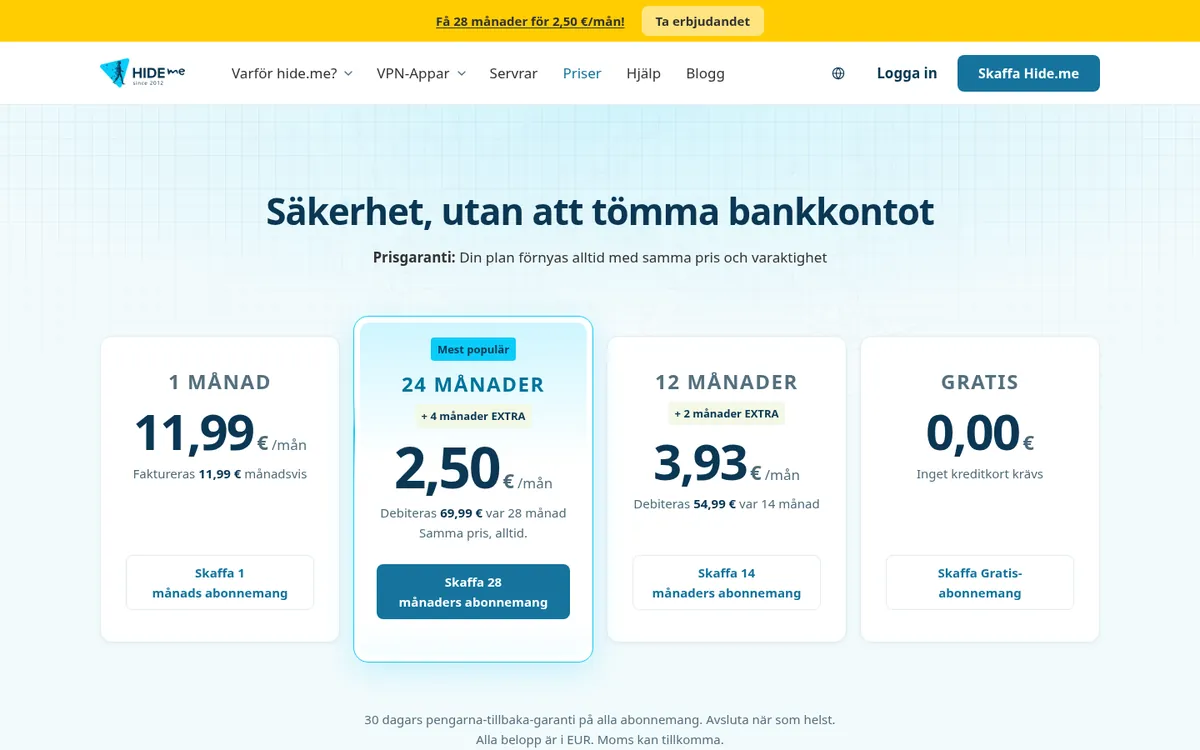 hide.me:s sida med priser – i vår jämförelse av bästa VPN