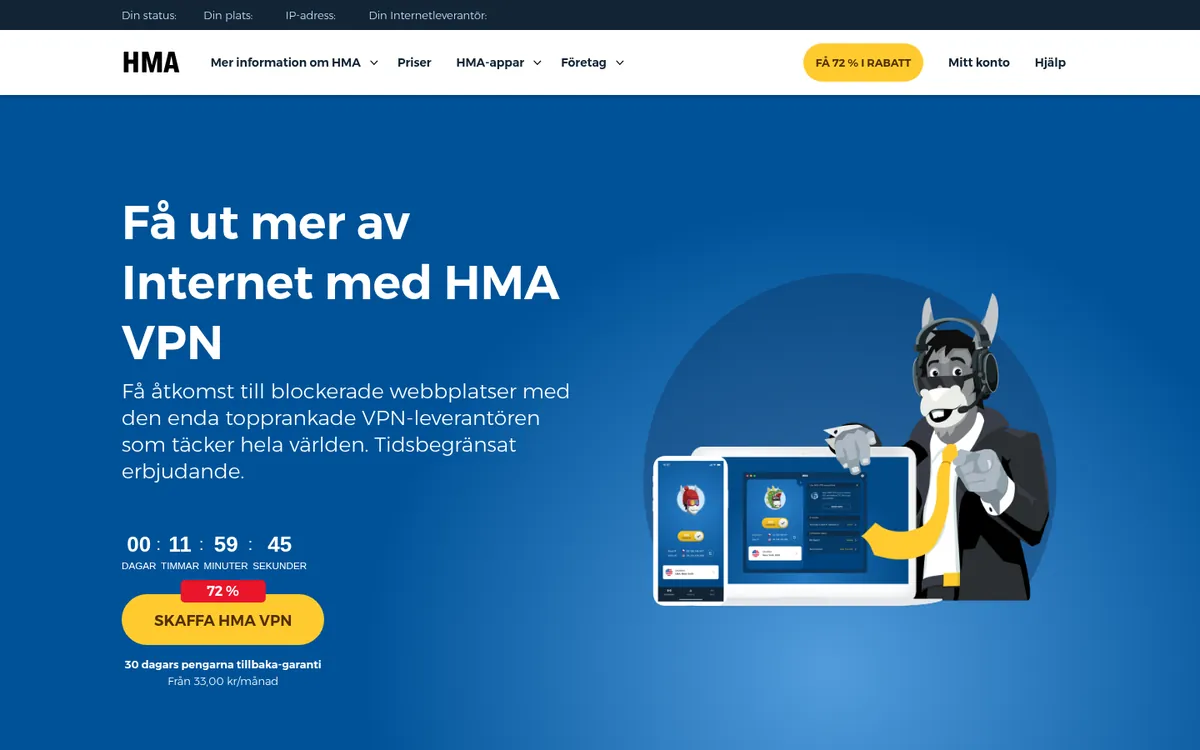 HMA:s startsida på datorn – i vår jämförelse av bästa VPN