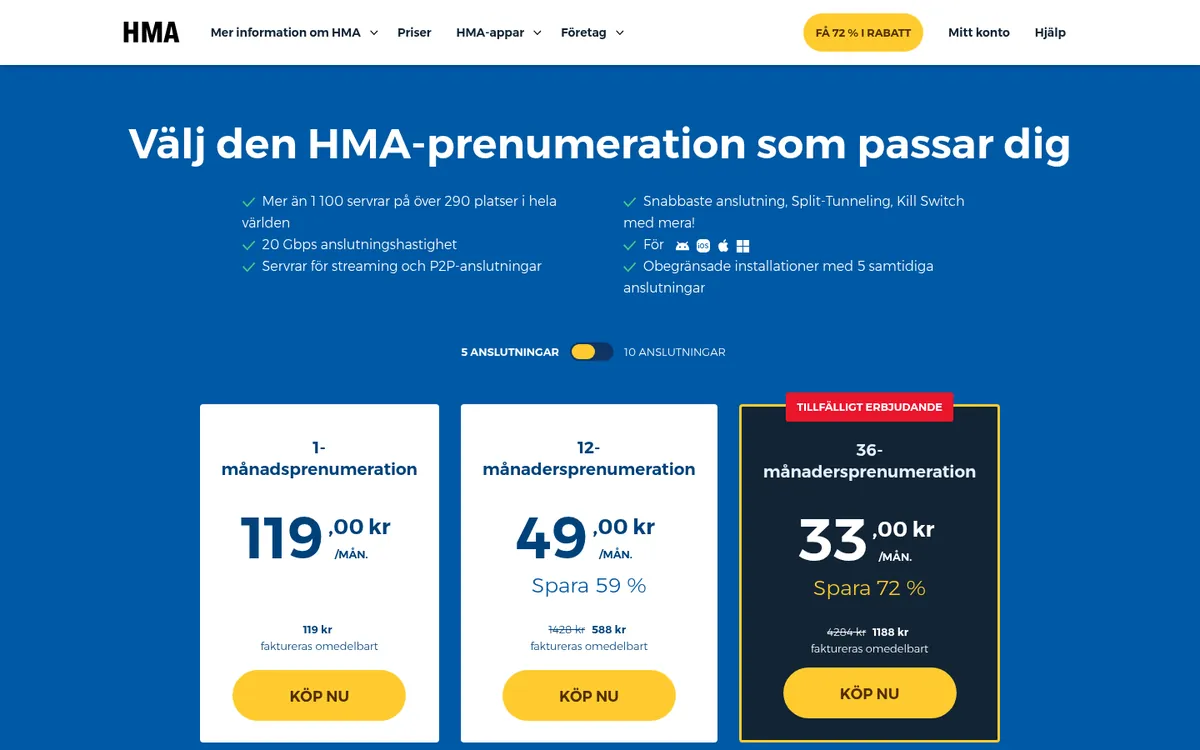 HMA:s sida med priser – i vår jämförelse av bästa VPN