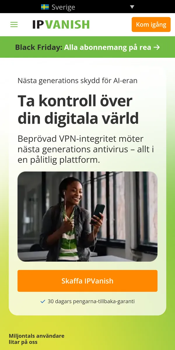 IPVanishs startsida i mobilen – i vår jämförelse av bästa VPN