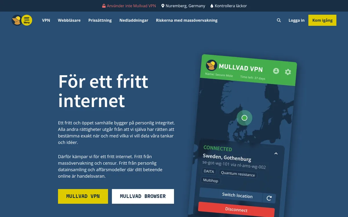 Mullvads startsida på datorn – i vår jämförelse av bästa VPN