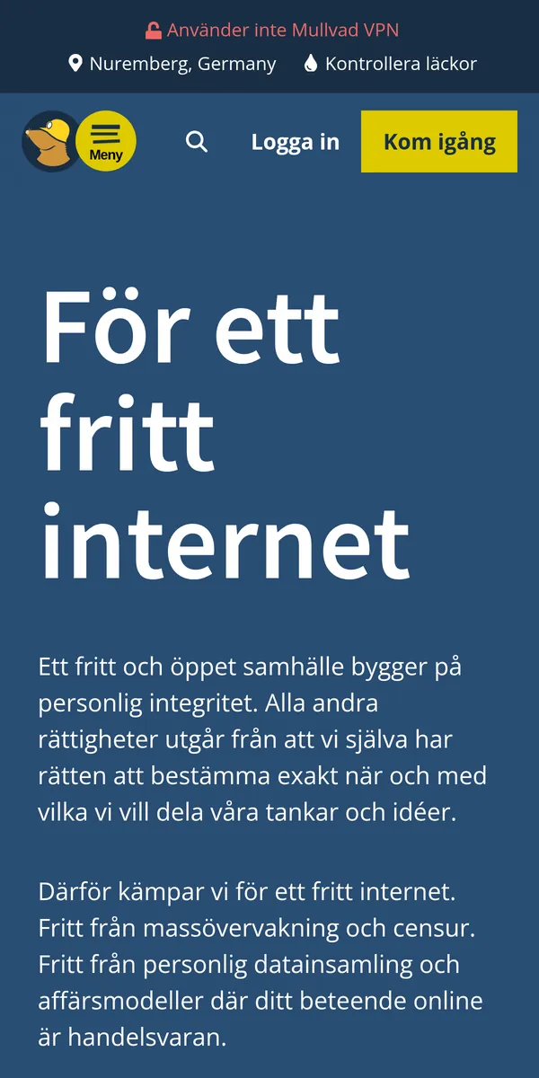 Mullvads startsida i mobilen – i vår jämförelse av bästa VPN