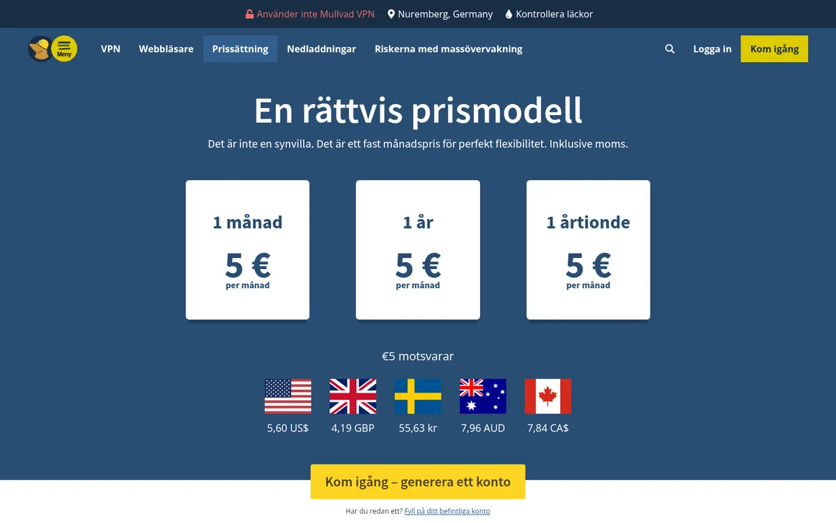 Mullvads sida med priser – i vår jämförelse av bästa VPN
