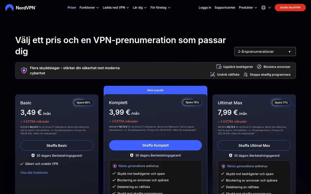 Prissidan hos NordVPN med planerna att jämföra innan du väljer