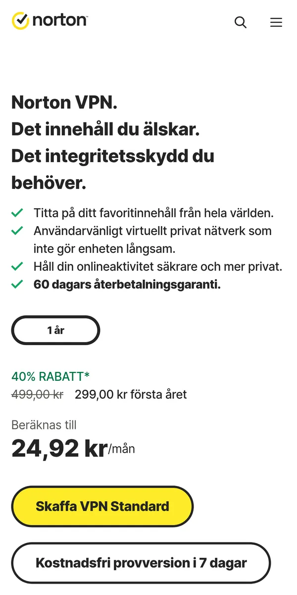 Norton VPN:s startsida i mobilen – i vår jämförelse av bästa VPN