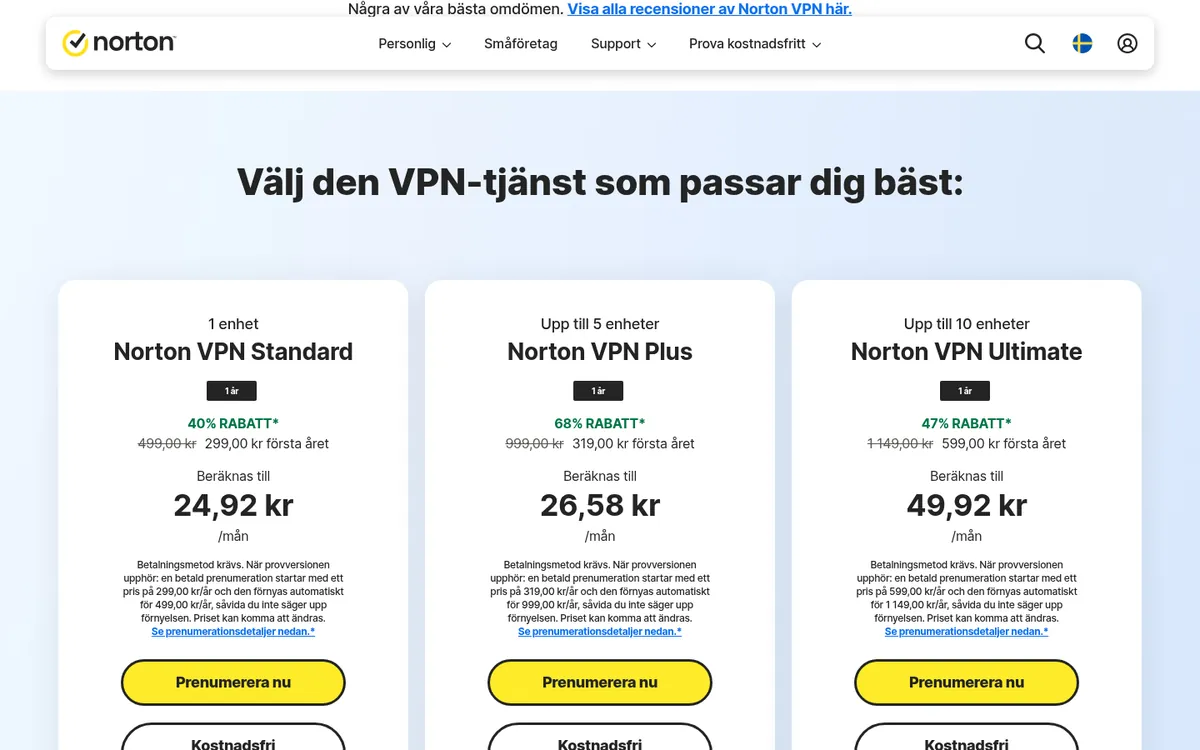 Norton VPN:s sida med priser – i vår jämförelse av bästa VPN
