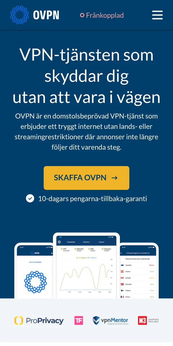 OVPN:s startsida i mobilen – i vår jämförelse av bästa VPN