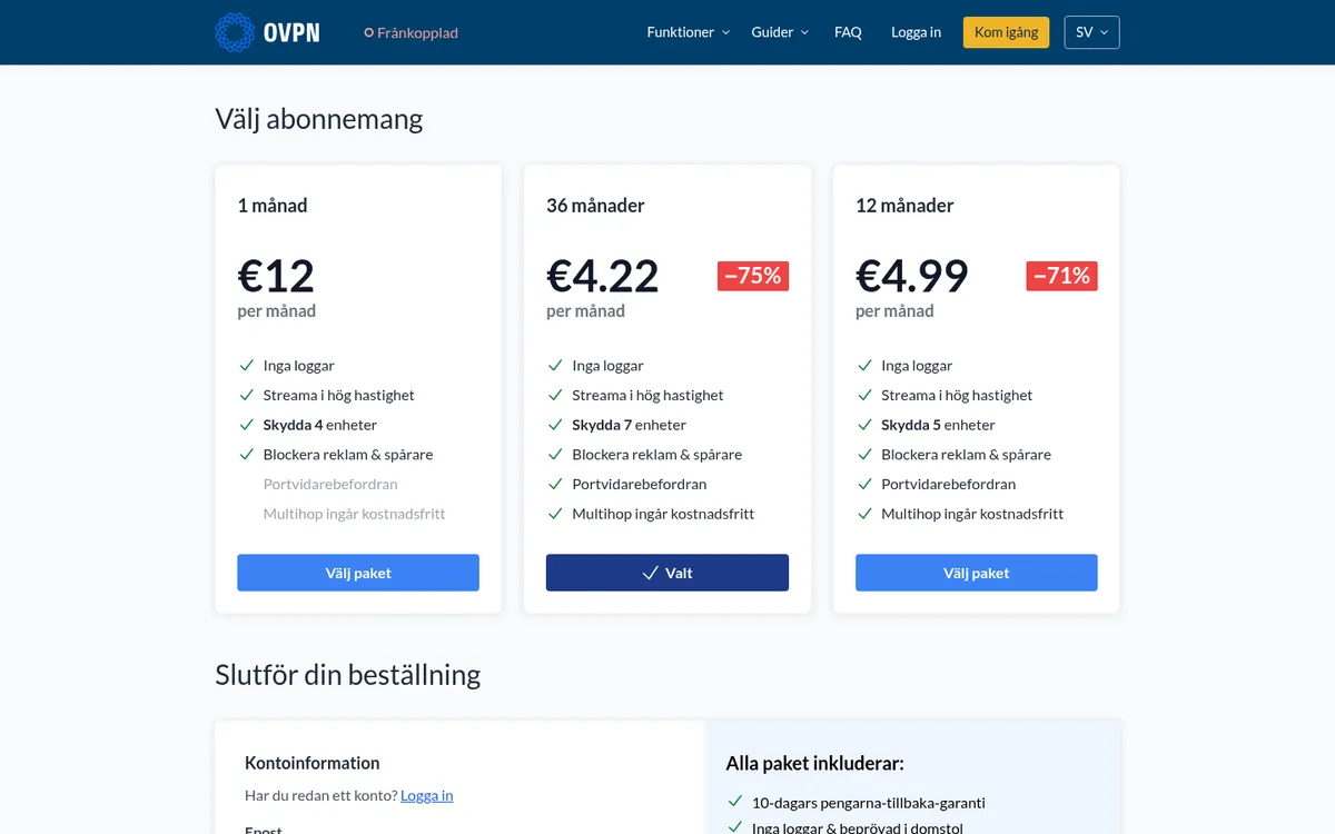 OVPN:s sida med priser – i vår jämförelse av bästa VPN
