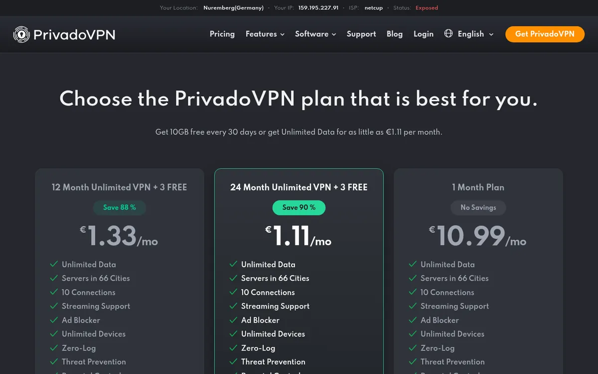 PrivadoVPN:s sida med priser – i vår jämförelse av bästa VPN