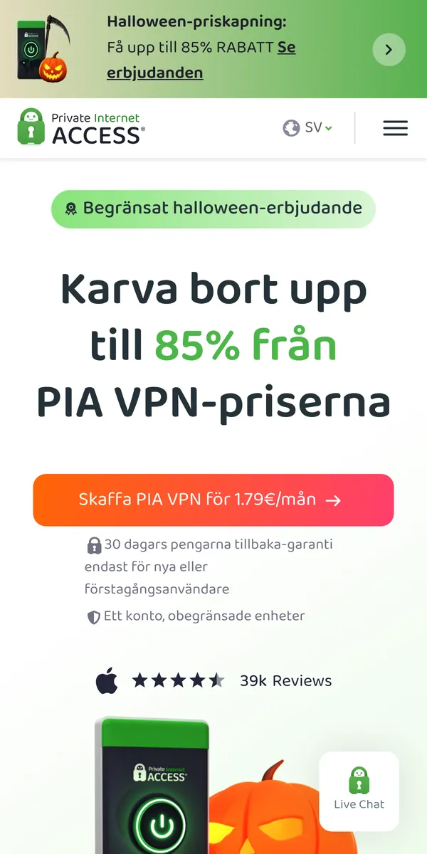 Private Internet Access startsida i mobilen – i vår jämförelse av bästa VPN