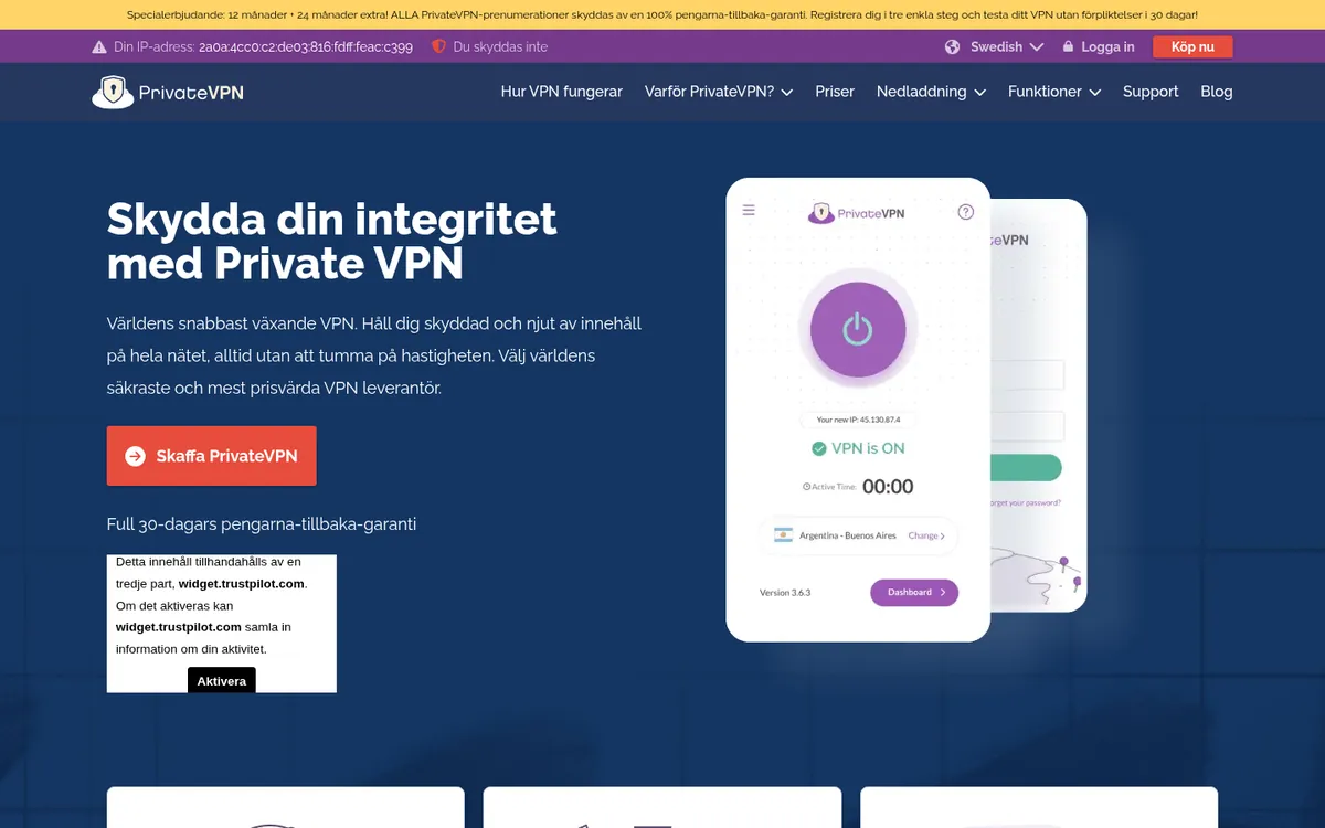 PrivateVPN:s startsida på datorn – i vår jämförelse av bästa VPN