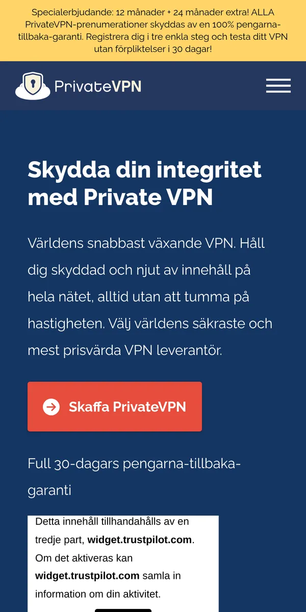 PrivateVPN:s startsida i mobilen – i vår jämförelse av bästa VPN