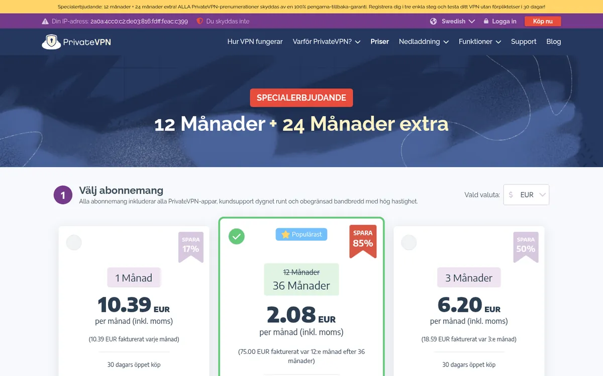 PrivateVPN:s sida med priser – i vår jämförelse av bästa VPN