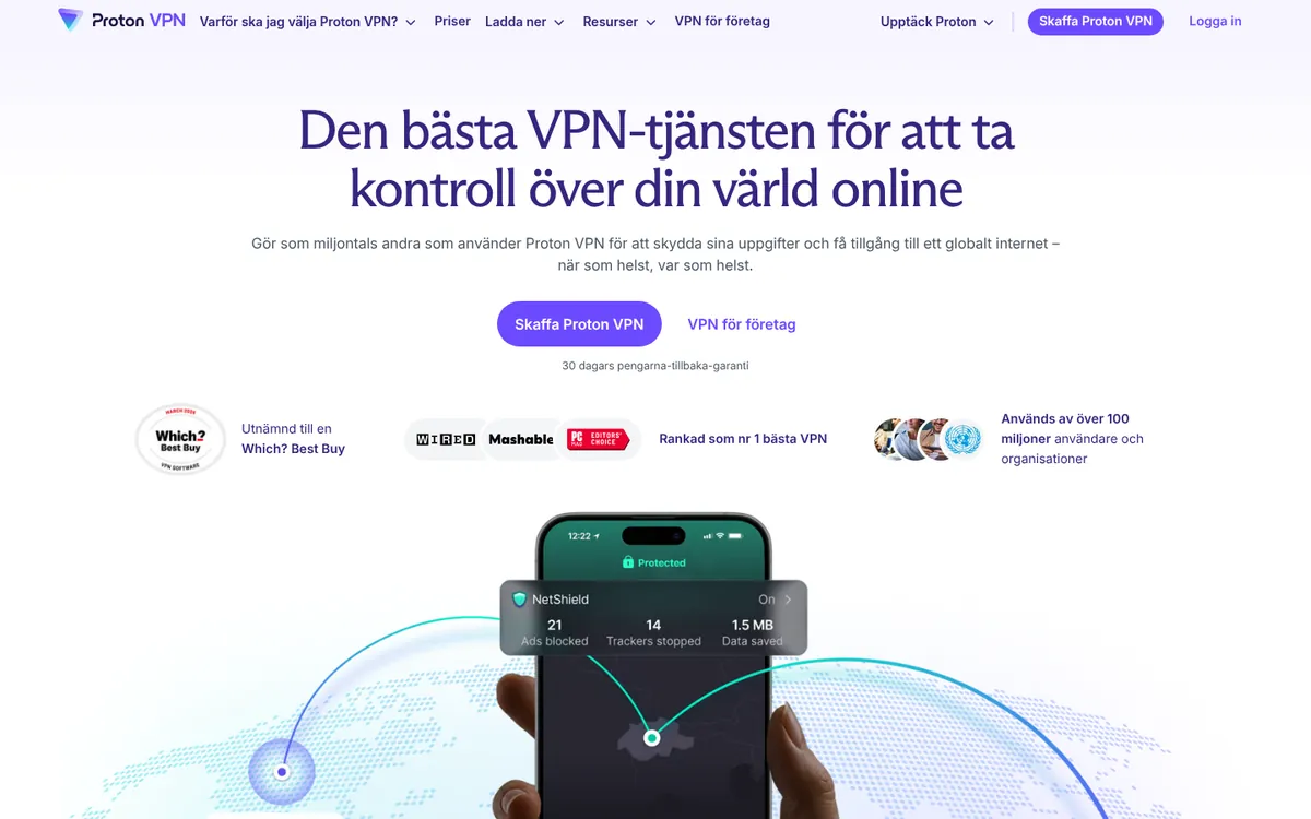 Proton VPN:s startsida på datorn – i vår jämförelse av bästa VPN