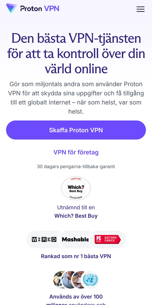 Proton VPN:s startsida i mobilen – i vår jämförelse av bästa VPN