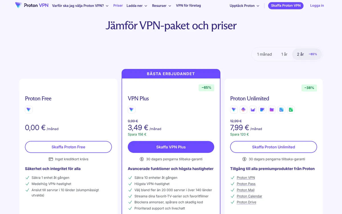 Prissidan hos Proton VPN med gratisplanen och de betalda planerna