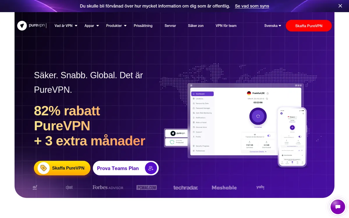 PureVPN:s startsida på datorn – i vår jämförelse av bästa VPN