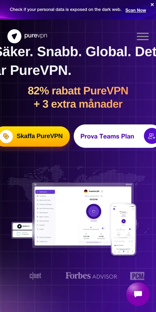 PureVPN:s startsida i mobilen – i vår jämförelse av bästa VPN