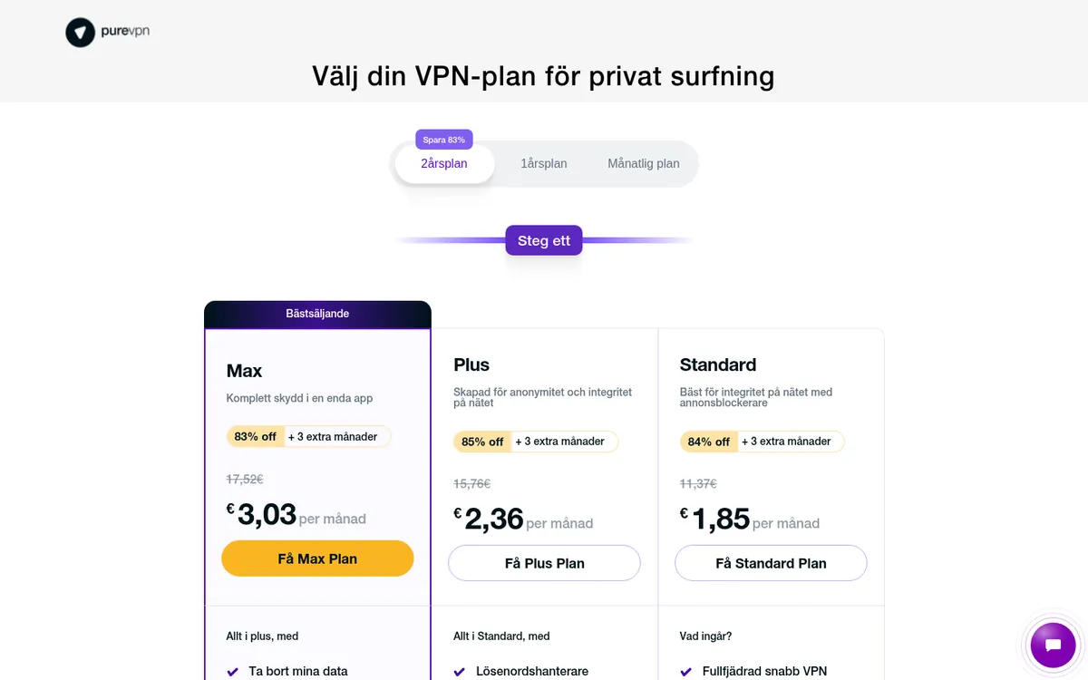 PureVPN:s sida med priser – i vår jämförelse av bästa VPN