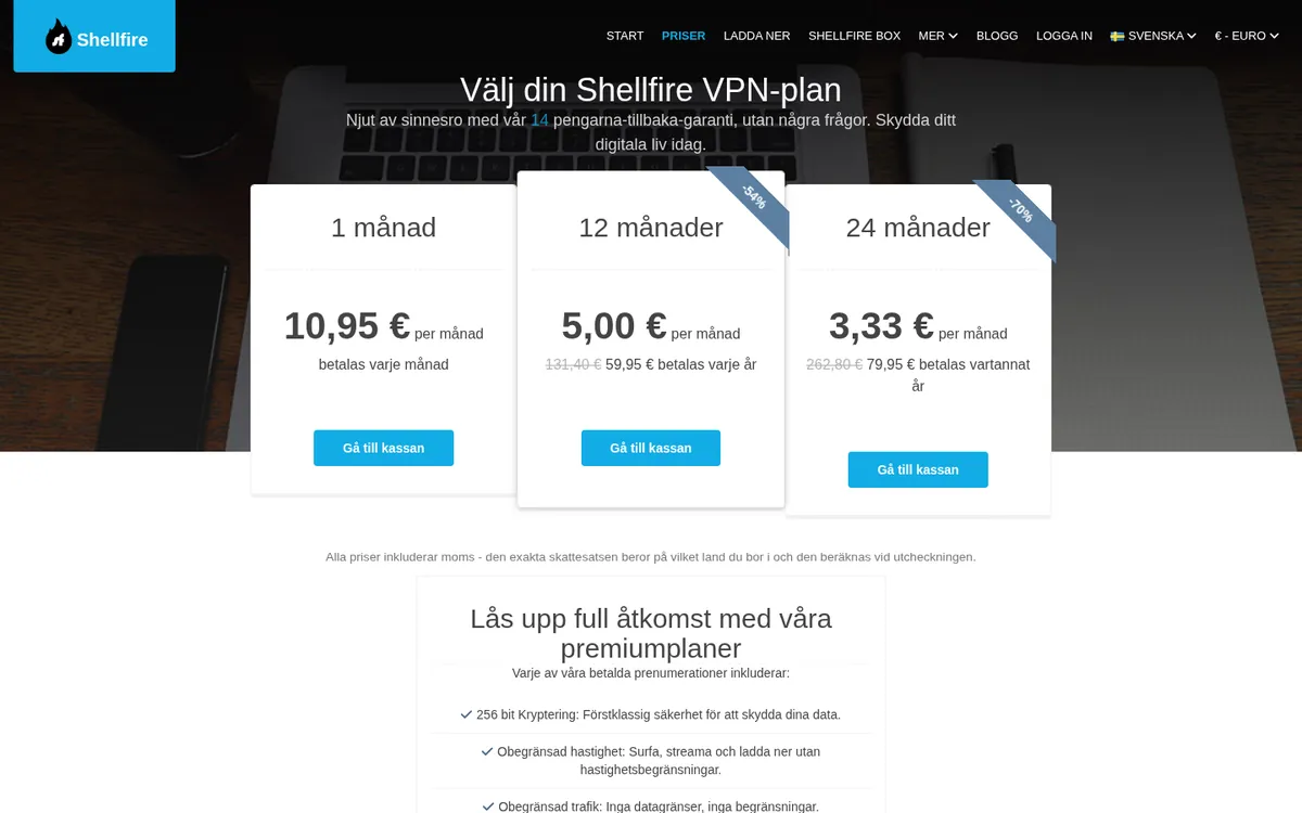 Shellfire VPN:s sida med priser – i vår jämförelse av bästa VPN
