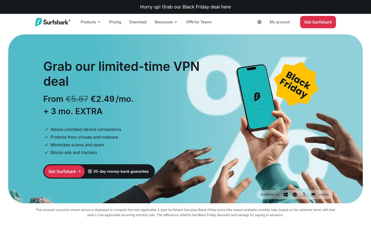 Startsidan hos Surfshark, en VPN-tjänst som finns i Sverige