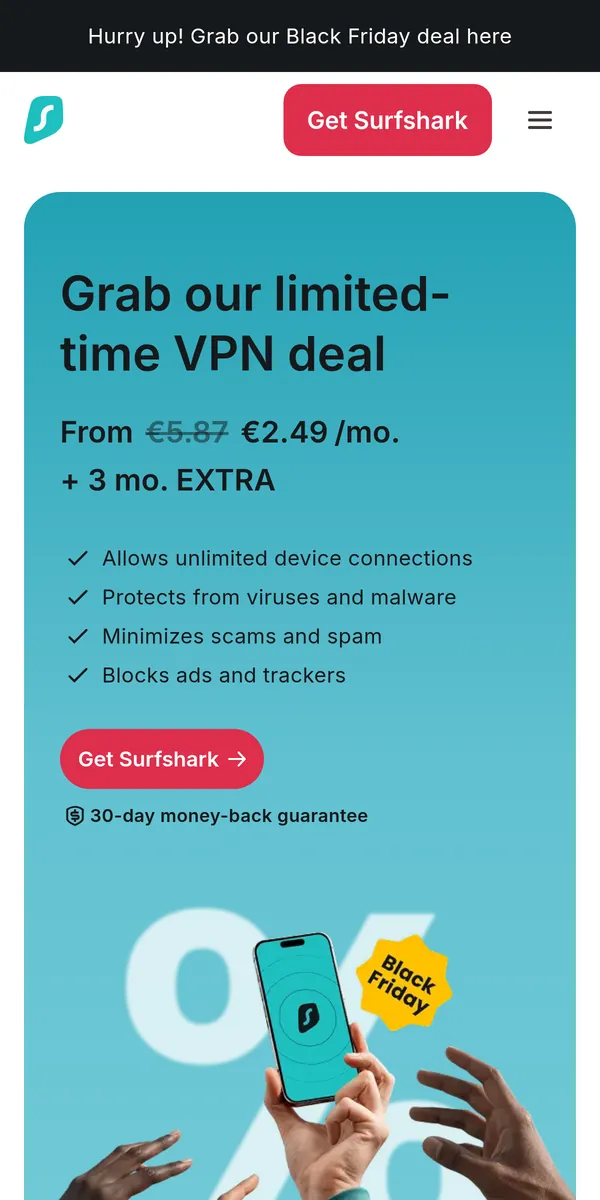 Surfsharks startsida i mobilen – i vår jämförelse av bästa VPN