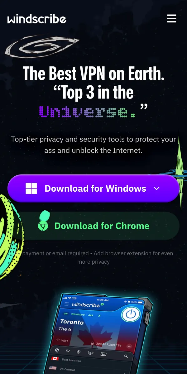 Windscribes startsida i mobilen – i vår jämförelse av bästa VPN